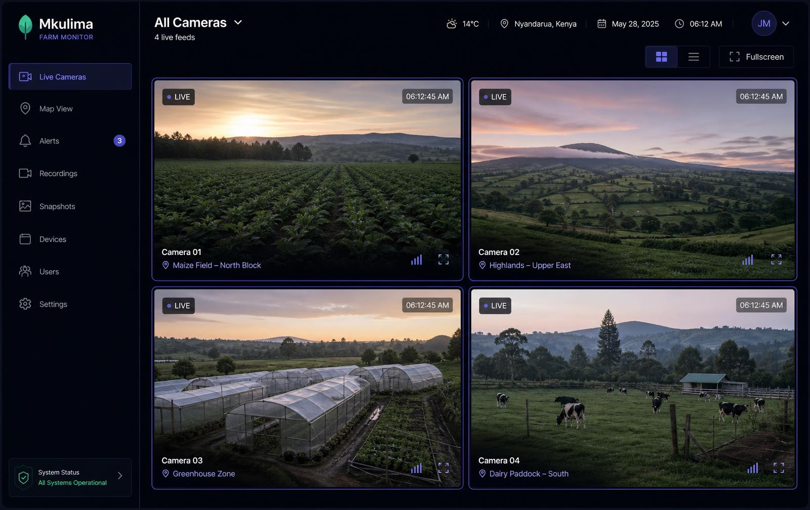 Wingu9 live camera grid showing four field feeds across Kenyan farmland