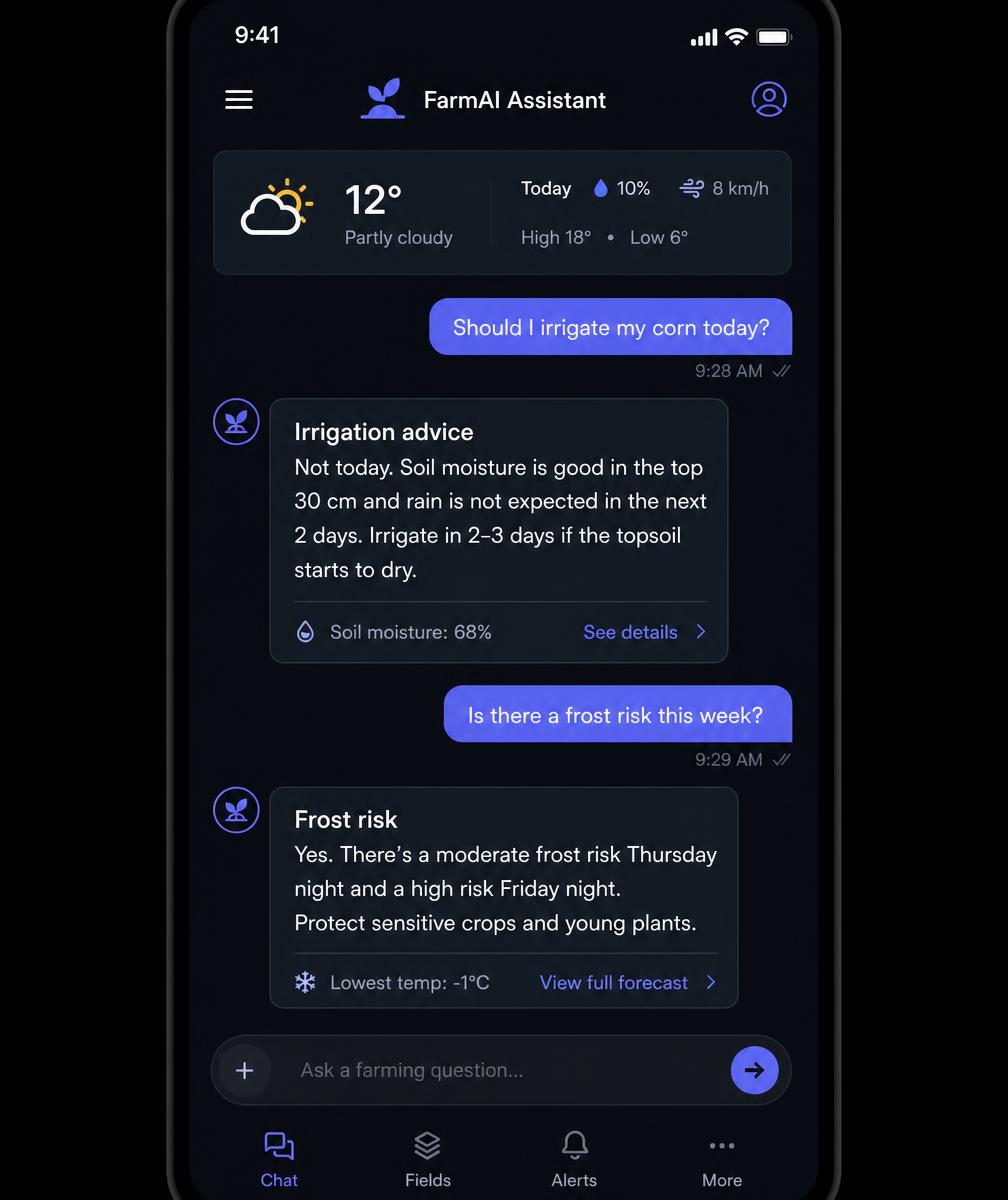 Wingu9 Farm AI mobile assistant answering irrigation and frost-risk questions